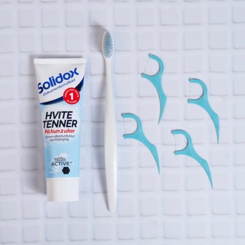 Solidox Hvite Tenner tannkrem med Jordan tannbørste og tanntråd. FOTO